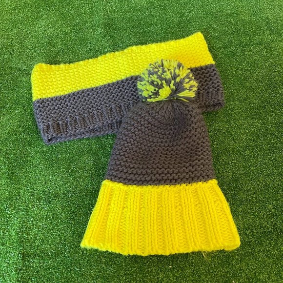 Knitted Beanie Winter Hat w/Pom-Pom and Infinite Scarf Yellow Neon Grey Kids Set - Picture 7 of 7